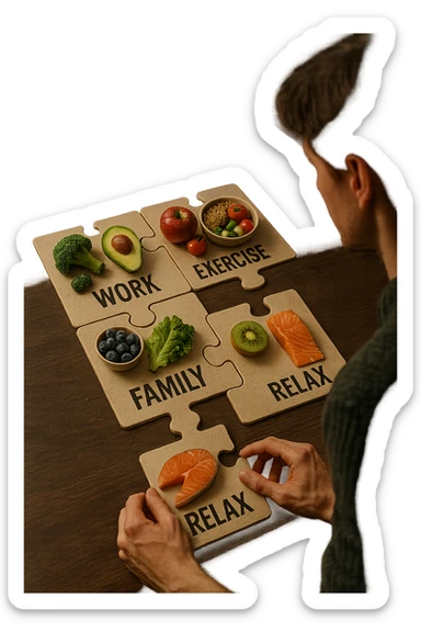 realistica cinematic photo a person is surrounded by puzzle pieces, each representing a different aspect of their life (Lavoro, Esercizio, Famiglia, Relax), and healthy foods are integrated into each piece. The person assembles the puzzle, creating a complete, personalized nutrition plan. The mood is uplifting and creative. in italiano sticker