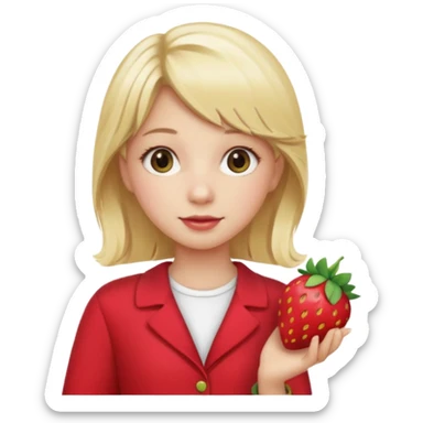 A girl with a blonde hair wearing a strawberry clip and wearing a cute red outfit sticker