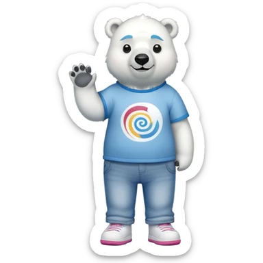 friendly anthropomorphised polar bear standing upright, looking chilled and unbothered, wearing a shirt, jeans, trainers, and spiral-shaped colorful glasses sticker