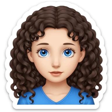a girl with long dark brown curly hair that starts at the level of her ears, and blue eyes sticker