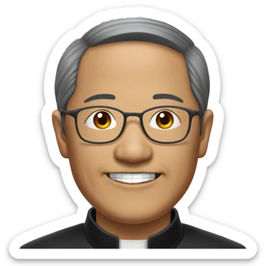 older hmong catholic priest with wrinkles with black hair, smiling with teeth and glasses, no beard or mustache sticker