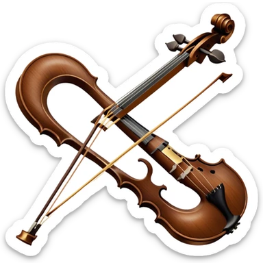 Create a refined and elegant emoji representing a bow crafted by Antonio Stradivari. The design should feature a beautifully detailed bow with intricate woodwork and fine metal fittings, emphasizing its craftsmanship. Include subtle elements like a hint of violin or viola strings to reflect its use. Use classic colors like dark wood brown, gold accents, and silver to convey the luxury and artistry of the bow. The background should be transparent. sticker