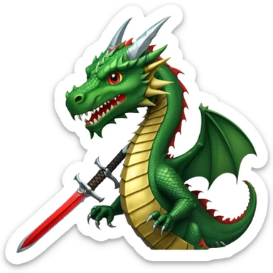 green dragon head with medieval sword above, sword with classic knight's hilt and wide blade, simple bold details, transparent background sticker