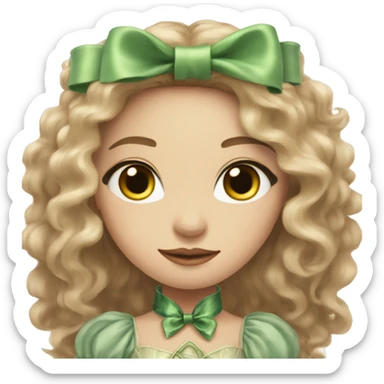 A woman with fair skin and green and eyes, light brown long wavy hair, dressed in a fantasy dress with fluffy sleeves, holding a bow for shooting sticker