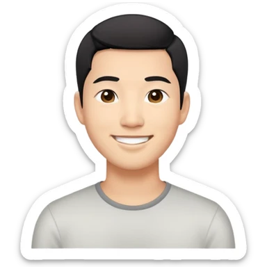 Asian man with short black hair, friendly smile, Josh Lim character sticker
