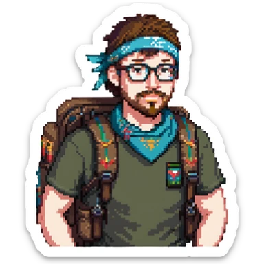adventurer with goatee beard (no beard on cheeks), short hair, glasses, bandana on head and backpack sticker