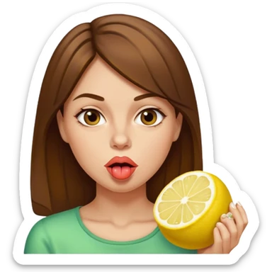 brownhaired woman eating lemon sticker