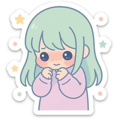 anime style character with head down, hiding behind hair, visibly embarrassed, blushing, shy posture sticker
