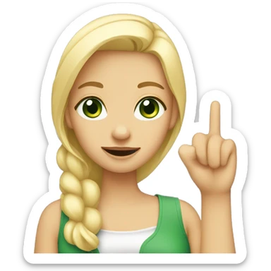 girl with blonde hair and green eyes, showing her finger sticker