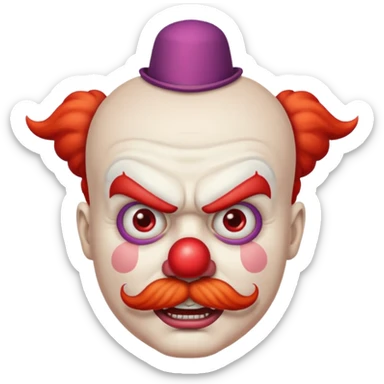 Angry clown — furrowed brow, mustache, tiny hat. sticker