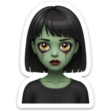 Zombie girl emoji verde escuro com cabelo curto liso preto no ombro e franja na altura da sobrancelha cobrindo completamente a testa, com uma blusa preta, olhos castanhos escuros sticker
