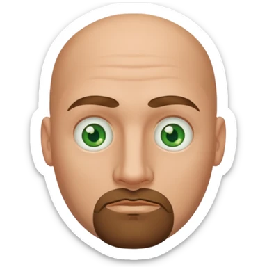white caucasian bald man's face, with brown goatee and green eyes, oval face, rounded, big sticker