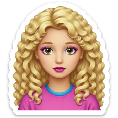 80s girl, long blonde permed hair, 80s clothing, 80s makeup  sticker