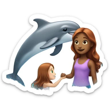 A girl with long reddish brown hair training a dolphin sticker
