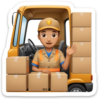 truck with a supplier in work uniform sitting inside, waving hi, lots of packages in the truck sticker