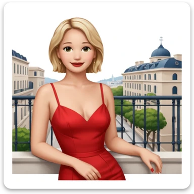 jennifer lawrence, red dress leaning on a balcony with a harbor and cityscape in the background, smiling, closeup sticker