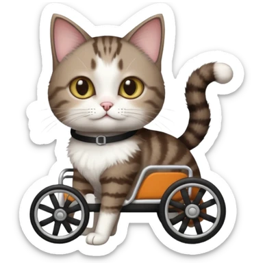 full body small short hair dark brown and white cat with hazel eyes walking in a wheelchair for cats sticker