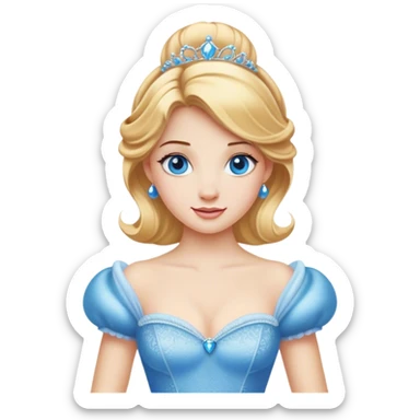 Cinematic Realistic Comical Cinderella Portrait, with every detail rendered realistically—from the soft, smooth texture of her fair skin to her artfully styled golden-blonde hair. Her bright blue eyes are wide with playful disbelief, and her expression carries a touch of whimsical humor while retaining elegant poise. Her classic ball gown, detailed with rich fabric textures and natural shadows, catches the light in a way that blends refined beauty with a hint of cheeky mischief, creating a striking, lifelike portrayal. sticker