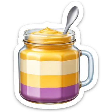 Una miniatura fotorrealista de una mantequilla corporal batida en un tarro de varios colores llamativos combinados de forma batida hasta arriba. Estilo: postre, arte, colores vibrantes. sticker