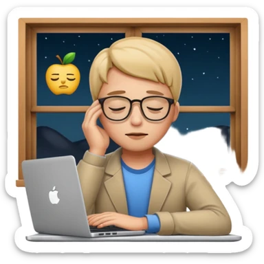 tired student with laptop, window at night behind, eyes half closed, apple style emoji sticker