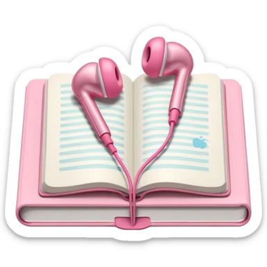  pink Pink Apple-style earbuds lying on an open book, soft pastel tones, cozy and minimal aesthetic, realistic lighting and shadows, top-down view, transparent background" sticker