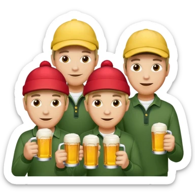 16 men on a golf trip wearing yellow golf caps all holding a beer can with a Xmas style label. Has to be 16 of them. sticker