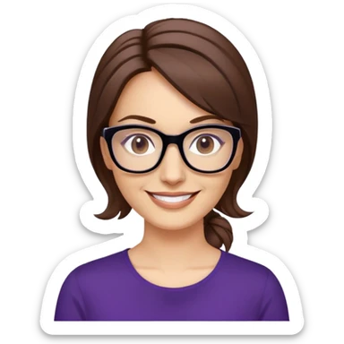 nữ 40 tuổi, da trắng, tóc được buộc gọn gàng màu nâu, mặt cười tươi vui vẻ, đeo kính màu đen, áo tím đậm sticker
