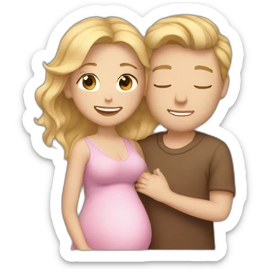 Small pregnant woman with wavy brown-blond gradient hair and a tall man with blond hair cuddling eachother sticker