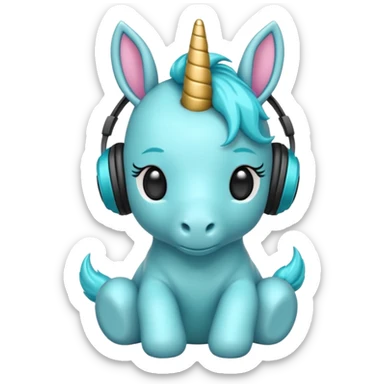Unicornio bebé cyan sentado escuchando música con auriculares negros sticker