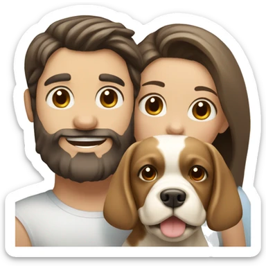 Brunette happy couple boy with beard and girl  with long hair with one cute beige French bull dog  sticker