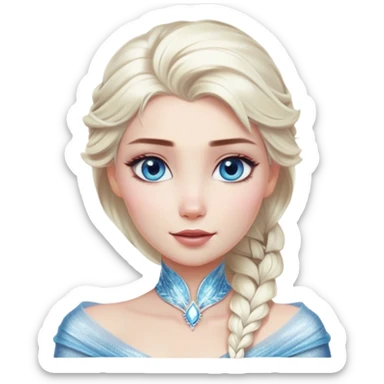 Cinematic Realistic Elsa Portrait, depicted with lifelike skin texture, soft natural lighting, and intricately detailed platinum blonde hair styled elegantly. Her striking, expressive blue eyes exude confidence and grace, complemented by a serene and regal expression. She is dressed in her signature icy attire, with shimmering fabric textures and delicate folds that catch the light beautifully. The portrait features a soft, enchanting glow with a cool, radiant finish, capturing the essence of timeless elegance in a realistic and painterly style, evoking a sense of depth and authenticity. sticker