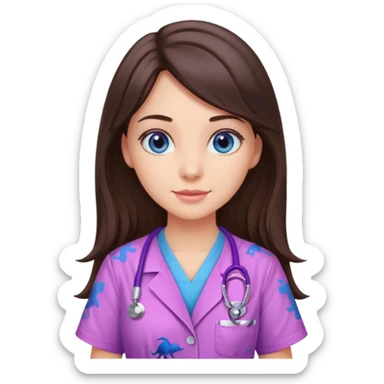 pretty brunette nurse with long hair and blue eyes in pink and purple dinosaur pattern scrubs sticker