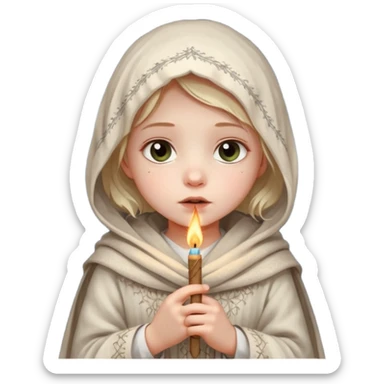 A small girl in a worn winter dress and shawl, holding a glowing matchstick close to her face, eyes wide with soft hope.
 sticker