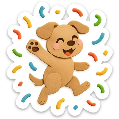 highly detailed, high quality paper craft style illustration of a puppy jumping through confetti with a paw up in celebration, intricate textures, soft lighting, delicate cut-paper details sticker