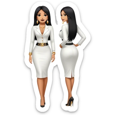 beautiful woman boss, with long straight black hair, with make up, black eye liner, smile, mexican, brown skin, wearing beautiful sexy outfit and white earings, she stand up, full body sticker