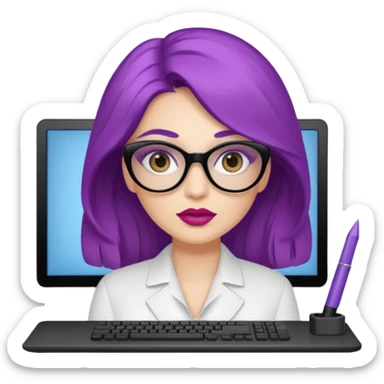 donna bella, occhi azzurri con occhiali, capelli medi, lisci e biondi, lavora al pc. Labbra color malva chiaro sticker