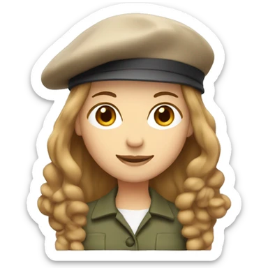 Woman with shoulder length light brown hair with beret sticker