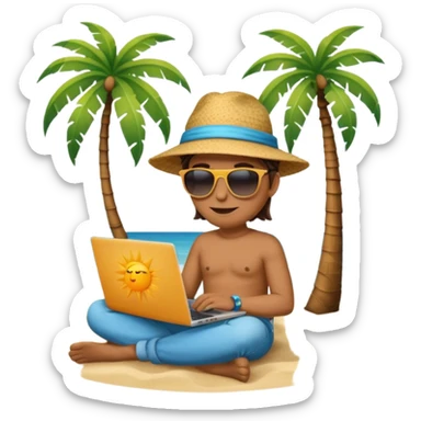 A gender-neutral emoji-style character (🧑‍💻) sitting with a laptop on the beach, next to a palm tree, with sun and ocean in the background. sticker