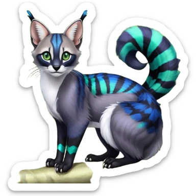 Colorful dark tropical cobalt-blue, black, white fur, with green eyes, iridescent glorious divine exotic cute cool beautiful shiny beautiful fantasy-caracal-civet-genet-sergal-vernid-Cacomistle-Furret-civet-oncilla-animal-Fakémon-hybrid-fursona with pattern markings (full body) sticker
