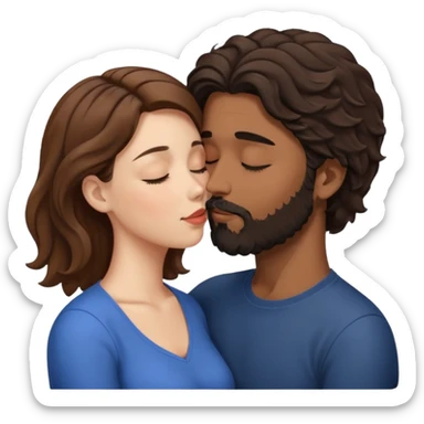 White woman (brown hair with eyes closed) kissing the top of the head (forehead) of brown man with black wavy hair (has a a beard with his eyes closed too) sticker
