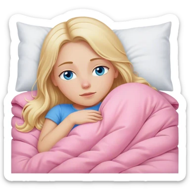 Cinematic realistic blonde with long hair, blue eyes, dressed in a pink top, sleeping in a cozy, soft bed, covered with a white duvet sticker
