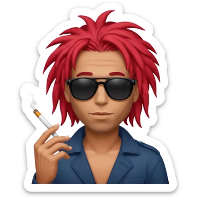 French guy with sunglasses on red dreads and a cigarette sticker