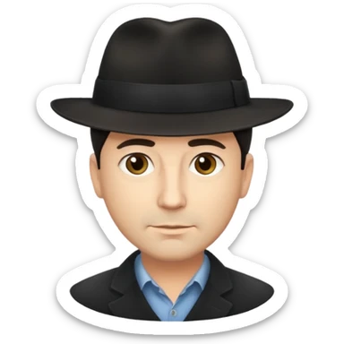 A light-skinned middle-aged man with short dark hair, and a black fedora, with an oval face and calm look. sticker