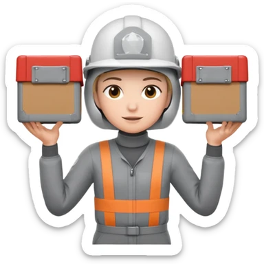 Tengo que dar una capacitacion de orgonomia, necesito un emoji de un operario con casco blanco y buzo gris de manga larga que levante una caja cerrada con las dos manos a la altura de los hombros y que tenga cara de esfuerzo fisico sticker