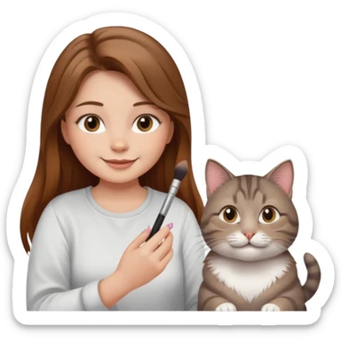 A image of a girl with light long brown hair doing her makeup with her chubby grey tabby cat. She is smiling sticker