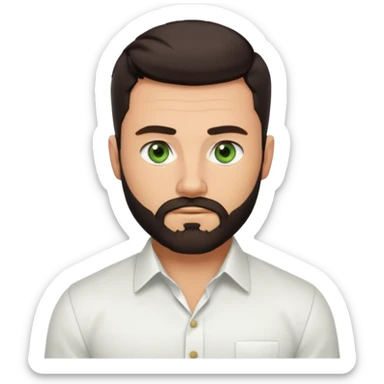 Man with a short full beard, Styled hair, Best looking man in the planet, onepiece style dark hair, green eyes, more realistic style more maskulin. Wearing a white formal shirt, first buttons open macho style, muscular

 sticker