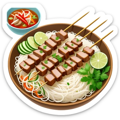 Vietnamese Bún Thịt Nướng with meat specifically grilled on skewers, alongside a bowl of rice vermicelli noodles, herbs and vegetables sticker