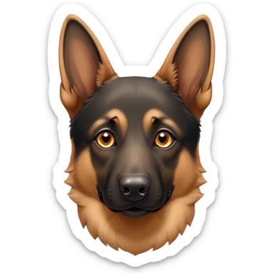 Cinematic Cute Tan/Black German Shepherd Portrait Emoji, Head tilted playfully and inquisitively, showcasing a smooth tan coat with distinctive black markings and piercing brown eyes filled with curiosity, Simplified yet irresistibly adorable features, highly detailed, glowing with a warm, friendly glow, high shine, affectionate and alert, stylized with a touch of whimsy, bright and endearing, soft glowing outline, capturing the essence of a mischievous yet loving guardian, so playful it feels like it could bound out of the screen and into your arms! sticker