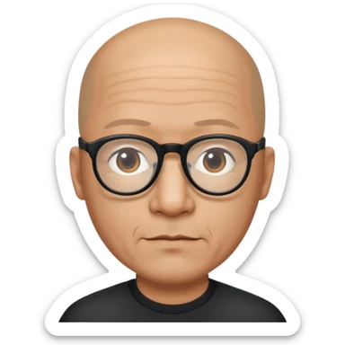 Almost bald 50 year old man of mixed descent, half Asian, half White wearing black thick-rimmed glasses. sticker