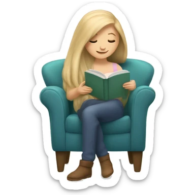 long hair white girl reading a book in cozy chair  sticker